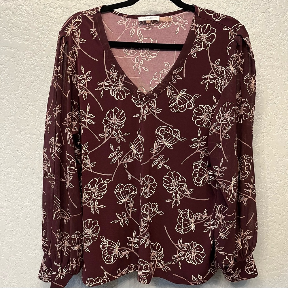 Women's Calvin Klein Maroon Floral V-Neck Blouse Top L